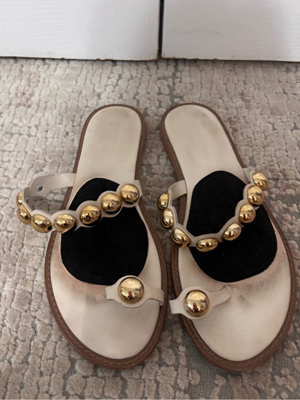 Schutz Stud-Embellished Cream Slide Sandals with Gold Accents size 7